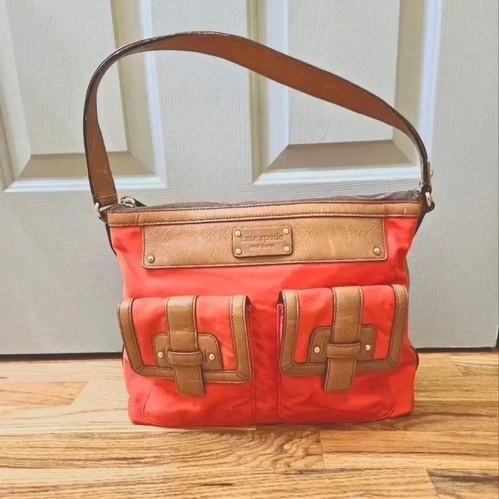 Kate Spade Orange Nylon & Tan Leather Tote EUC
